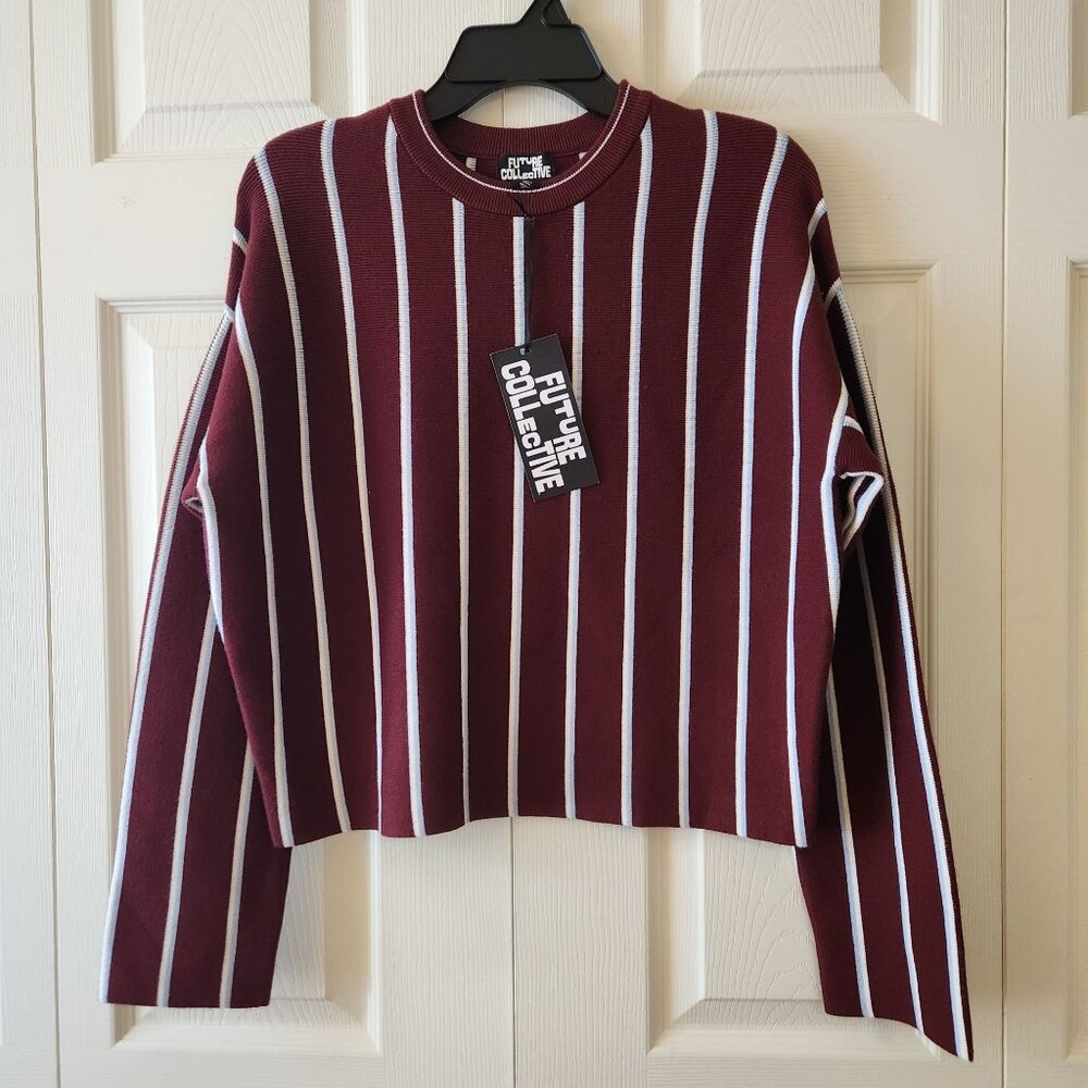 Women's Crew Neck Sweater - Future Collective Burgundy Striped XS NWT